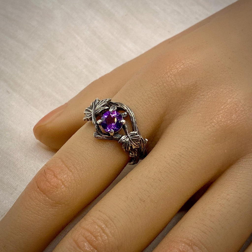 Amethyst Sterling Silver Maple Leaf Band
