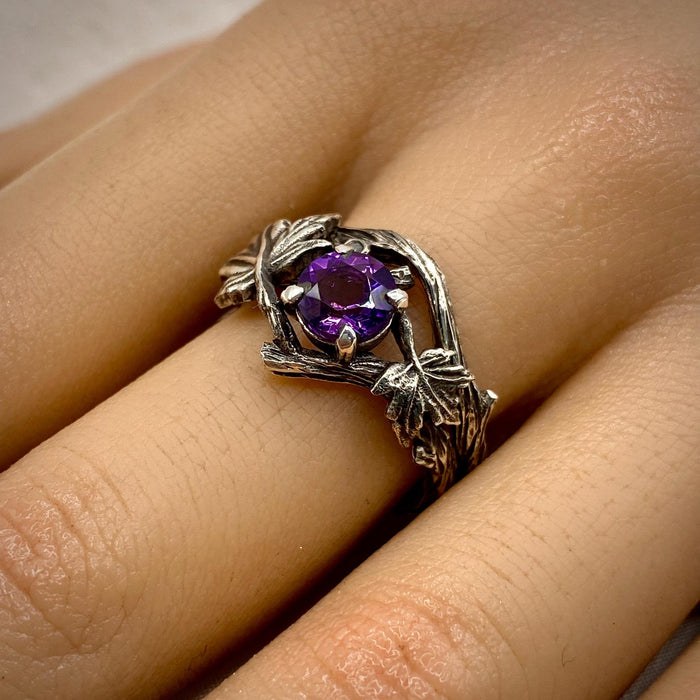 Amethyst Sterling Silver Maple Leaf Band