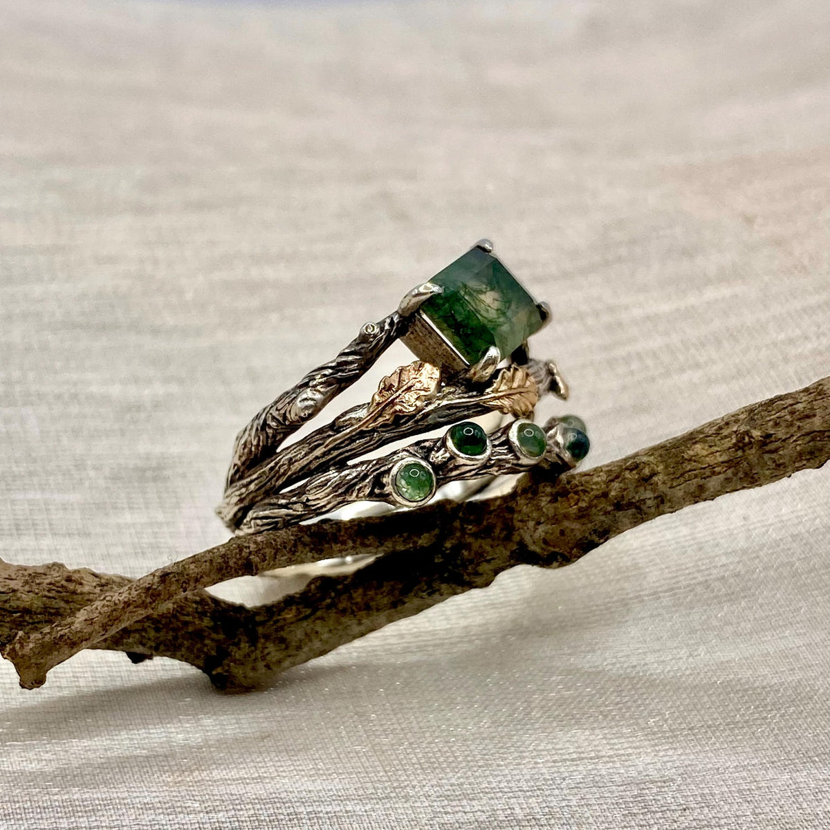 Moss Agate Sterling Silver Oak Leaf Ring