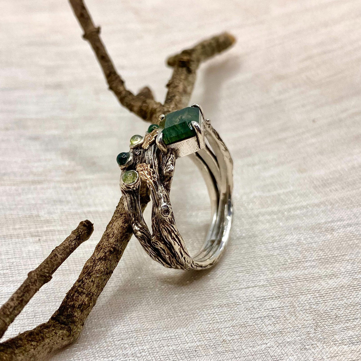 Moss Agate Sterling Silver Oak Leaf Ring