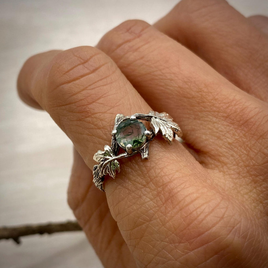 Moss Agate Sterling Silver Maple Leaf Ring