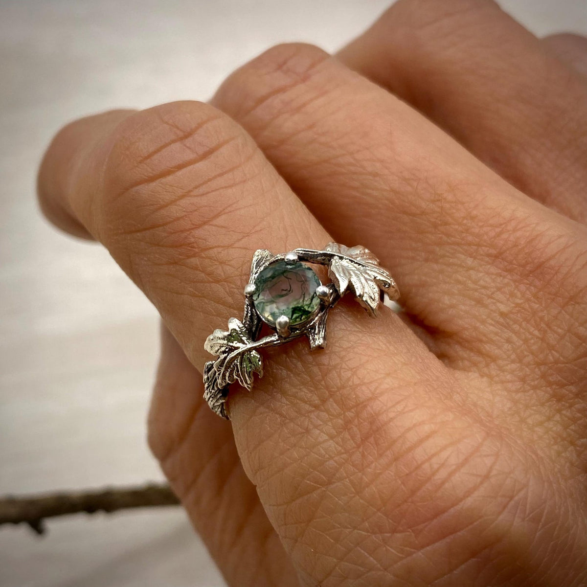 Moss Agate Sterling Silver Maple Leaf Ring