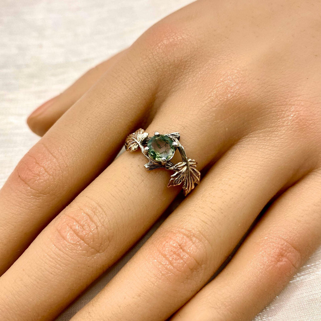 Moss Agate Sterling Silver Maple Leaf Ring