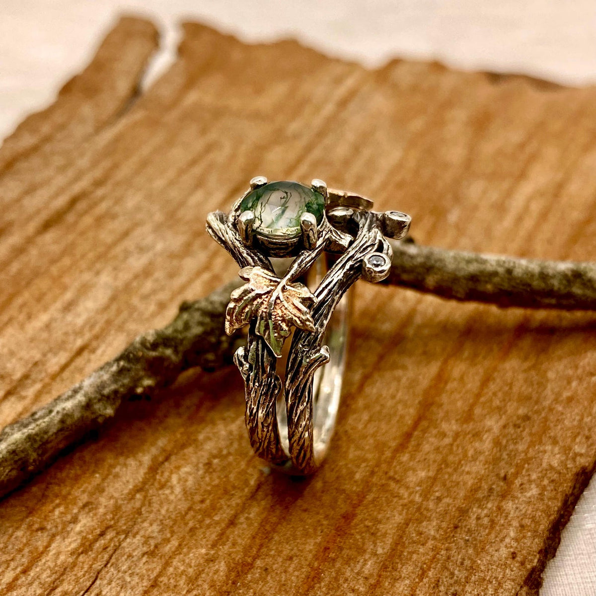 Moss Agate Sterling Silver Maple Leaf Ring