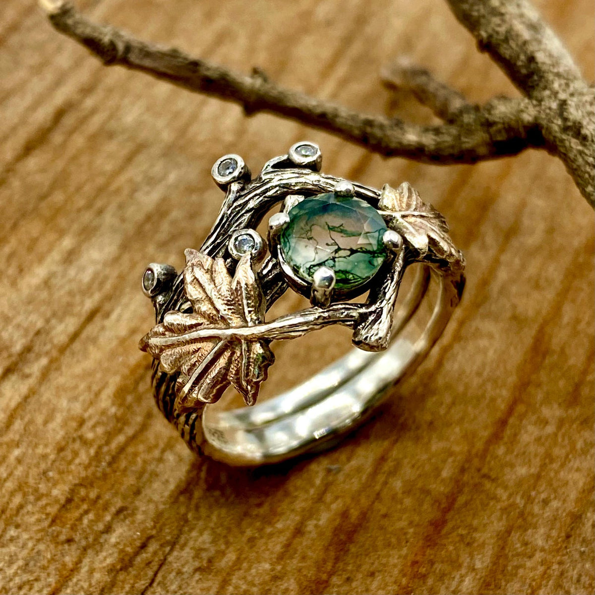 Moss Agate Sterling Silver Maple Leaf Ring