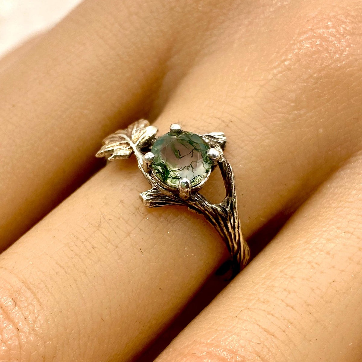 Moss Agate Sterling Silver Maple Leaf Ring