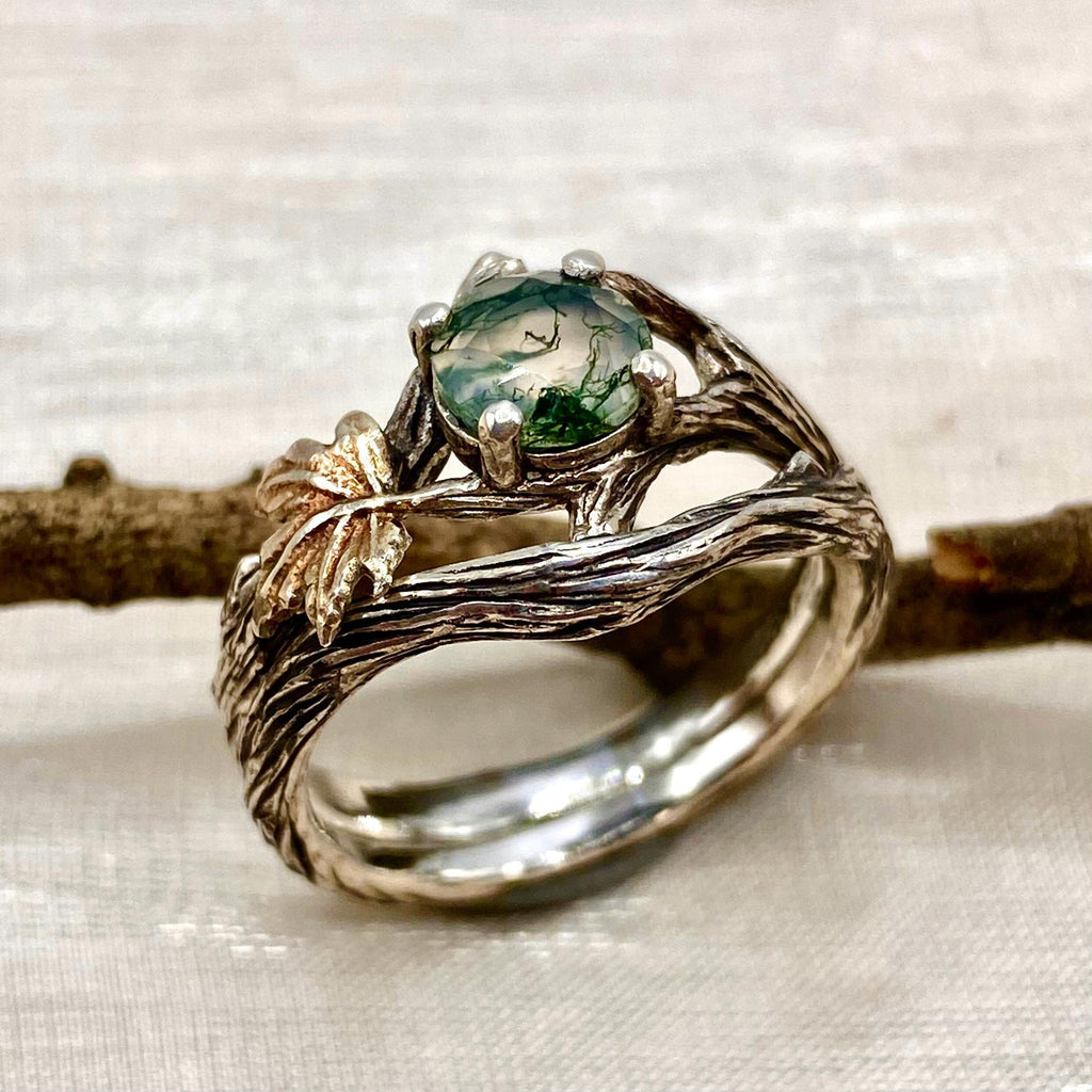 Moss Agate Sterling Silver Maple Leaf Ring Set