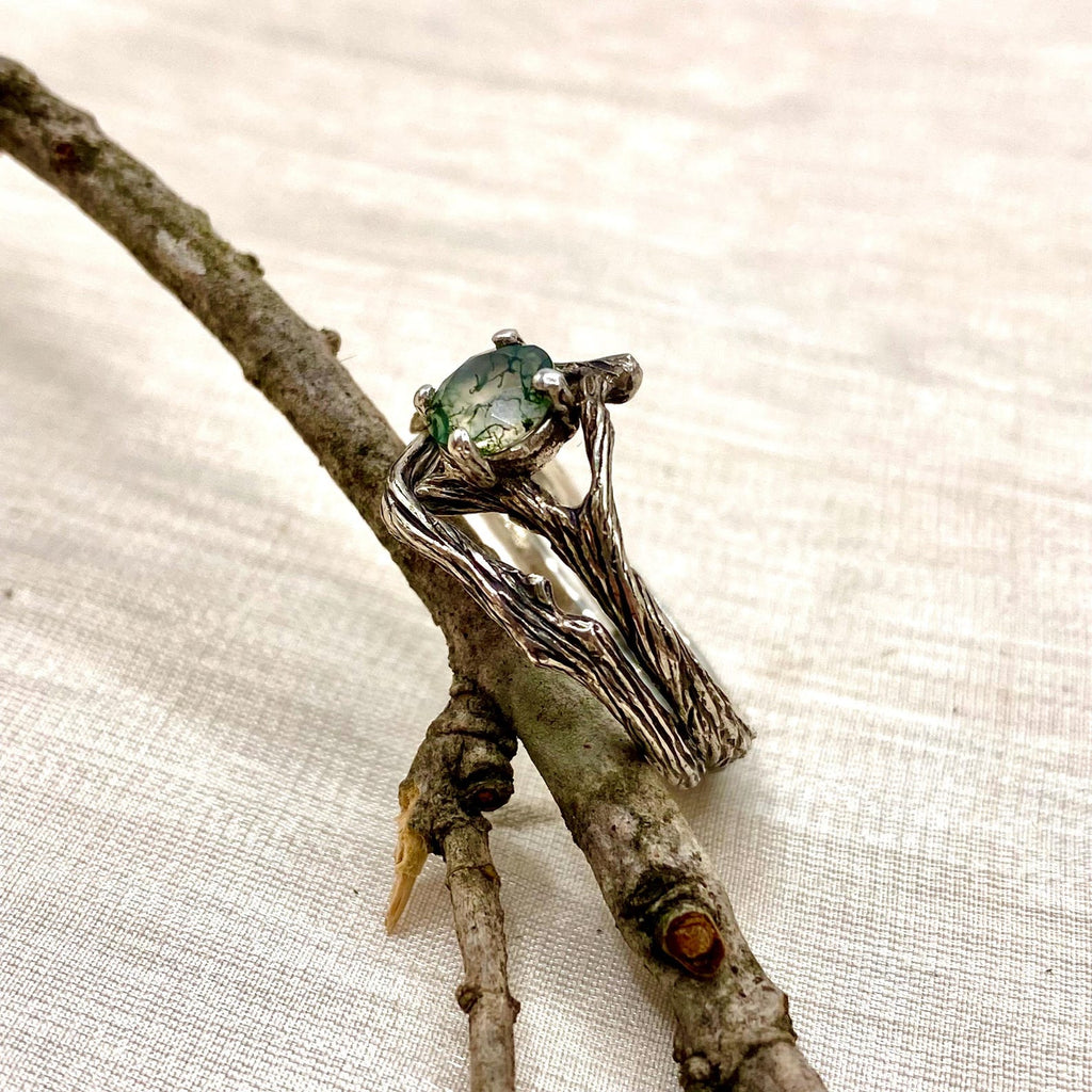 Moss Agate Sterling Silver Maple Leaf Ring Set