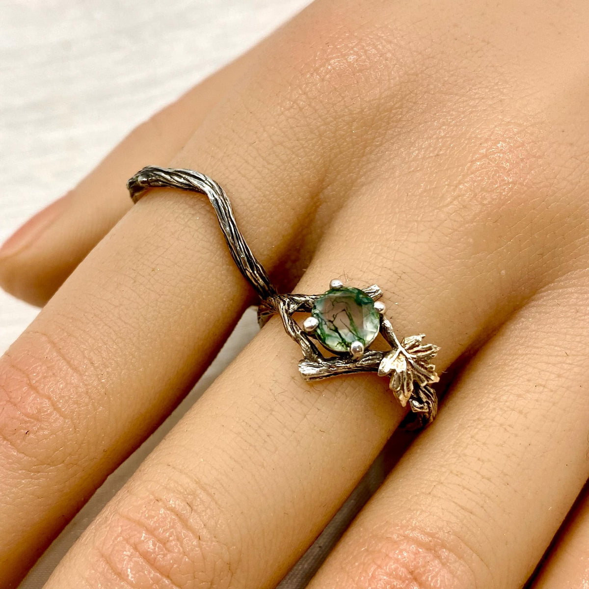 Moss Agate Sterling Silver Maple Leaf Ring Set