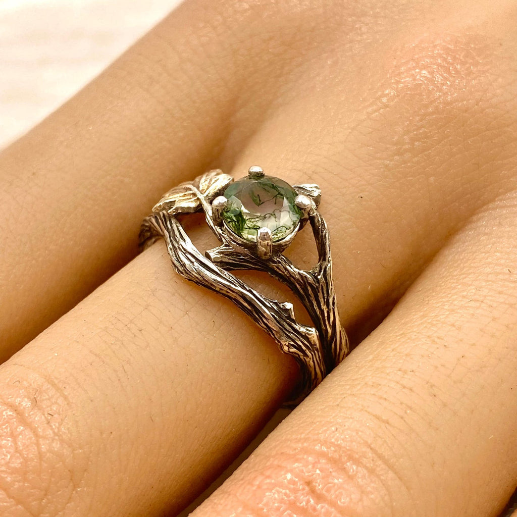 Moss Agate Sterling Silver Maple Leaf Ring Set