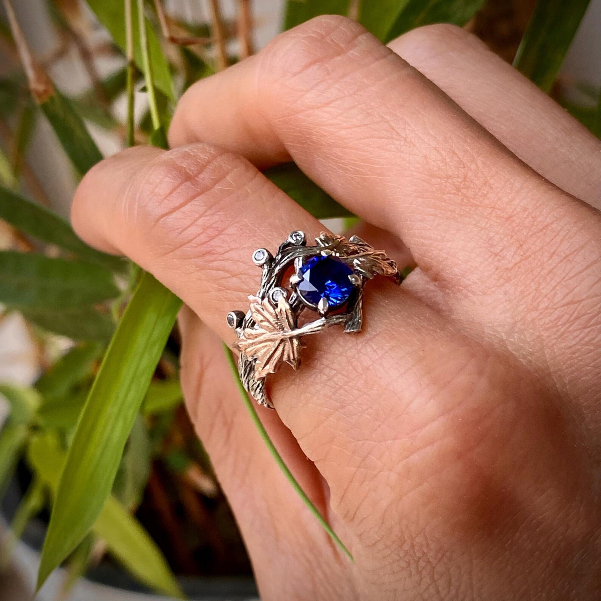 Sapphire Sterling Silver Maple Leaf Ring