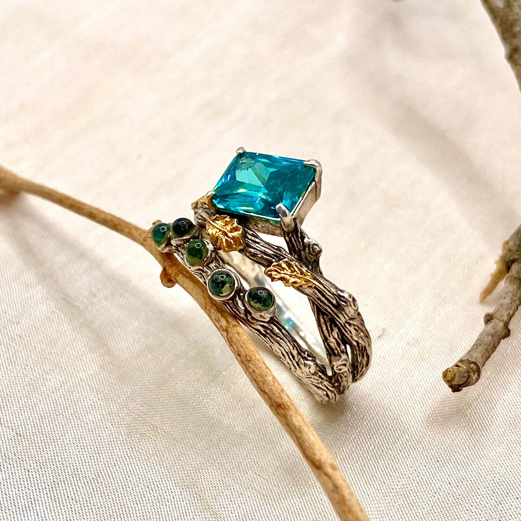 Moss Agate Sterling Silver Oak Leaf Ring