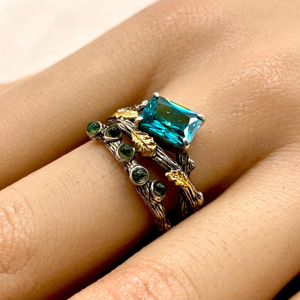 Moss Agate Sterling Silver Oak Leaf Ring