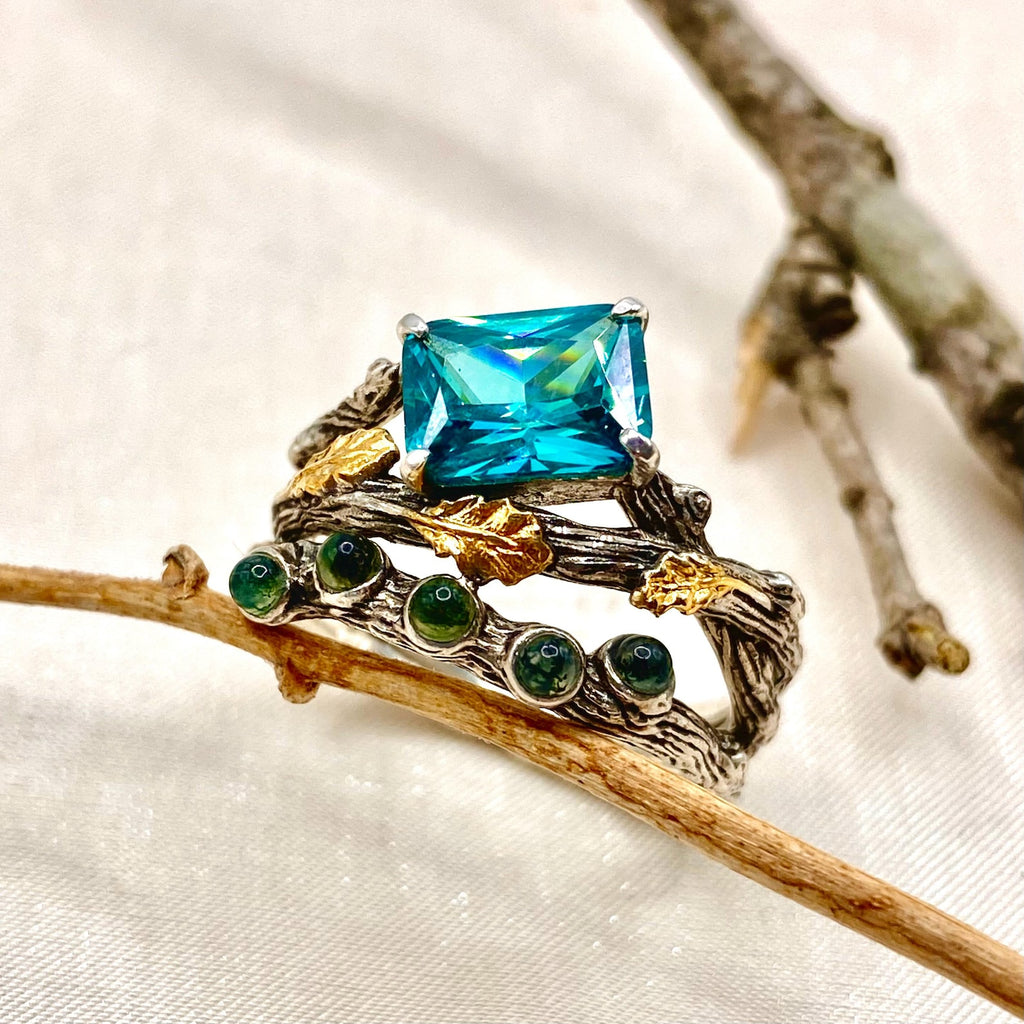 Moss Agate Sterling Silver Oak Leaf Ring