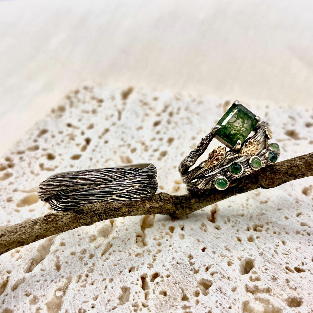 Moss Agate Sterling Silver Twig Ring Set