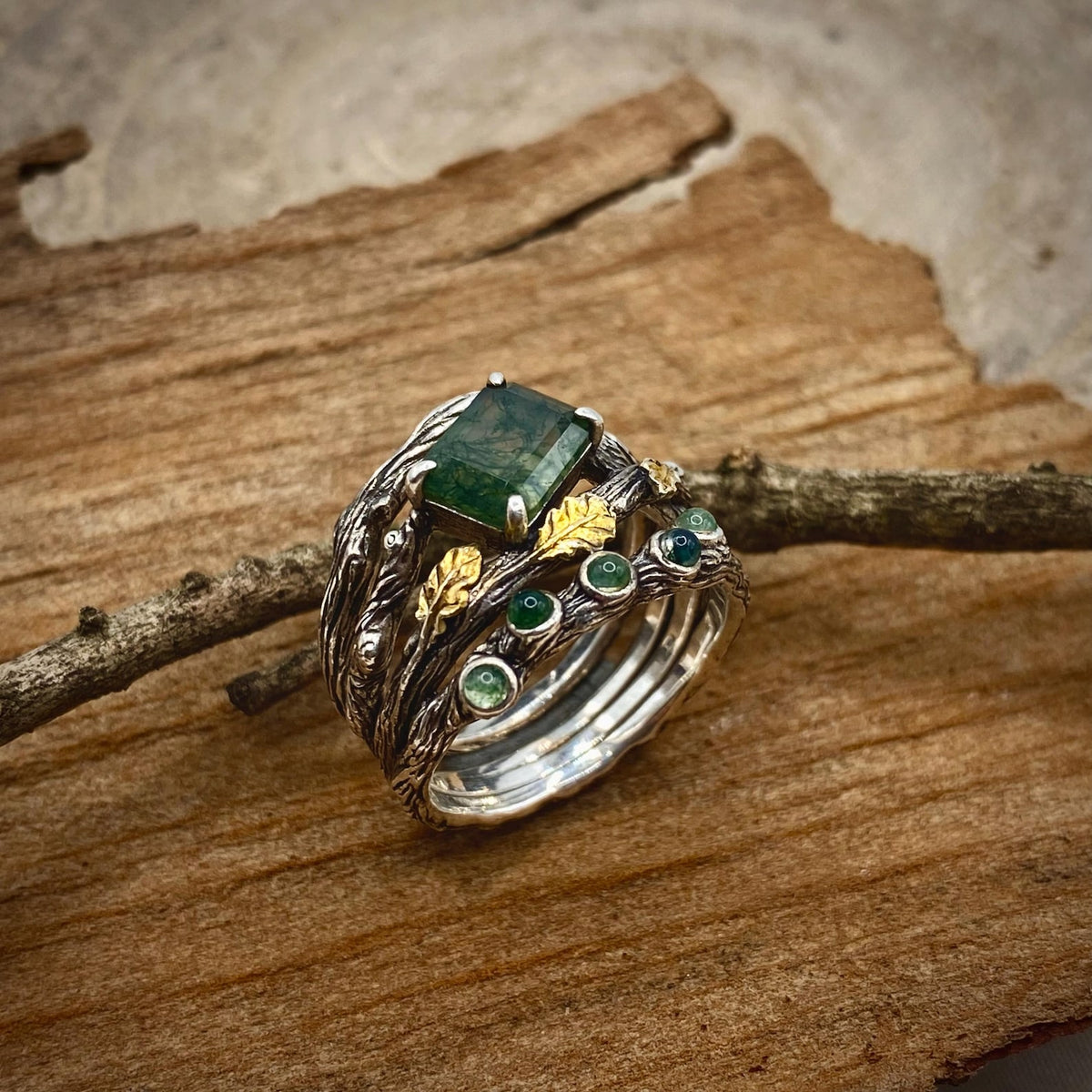 Moss Agate Sterling Silver Oak Leaf Ring