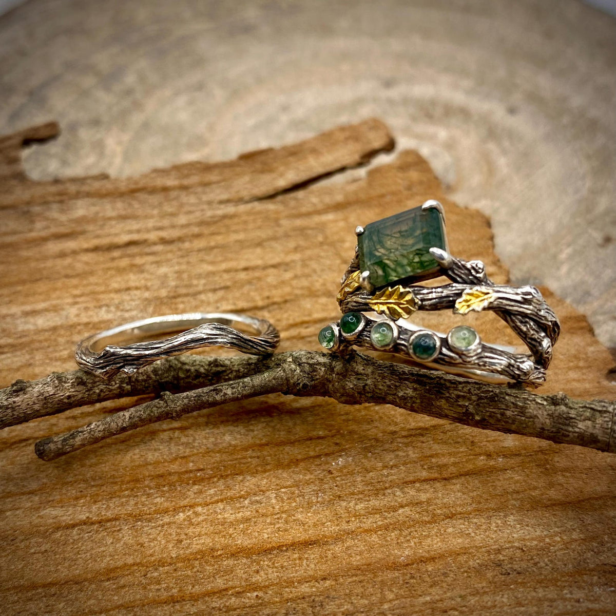 Moss Agate Sterling Silver Oak Leaf Ring