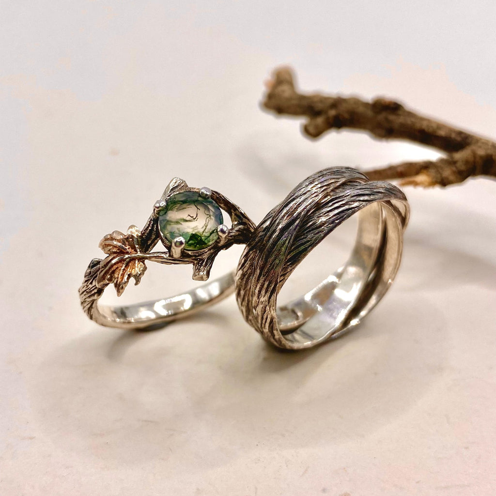 Moss Agate Sterling Silver Maple Leaf Ring Set