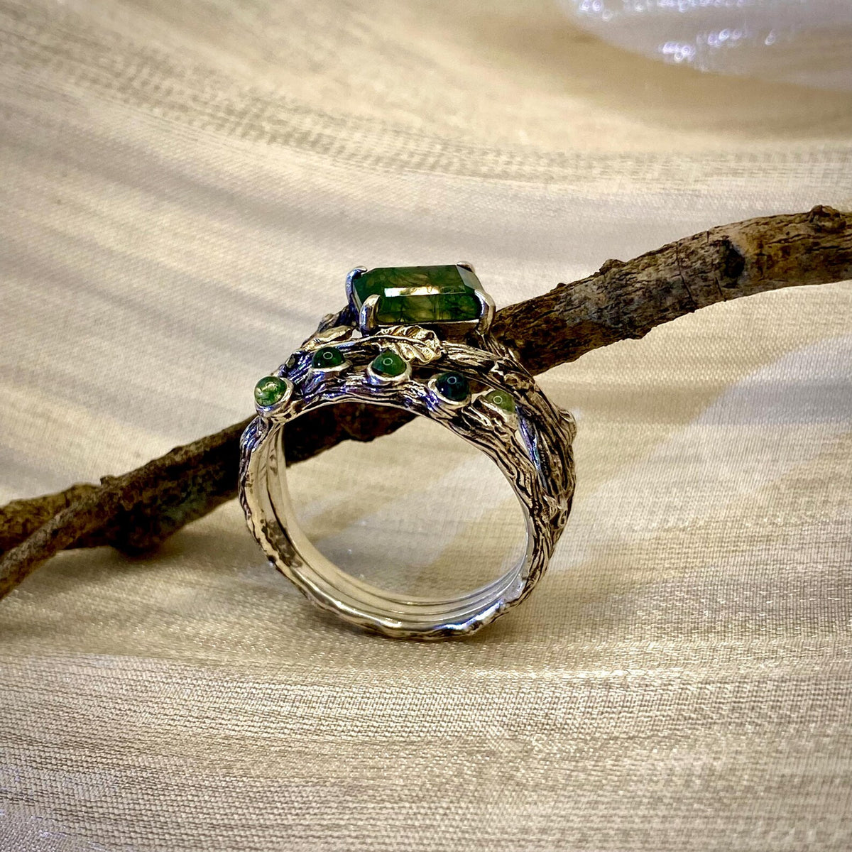 Moss Agate Sterling Silver Oak Leaf Ring