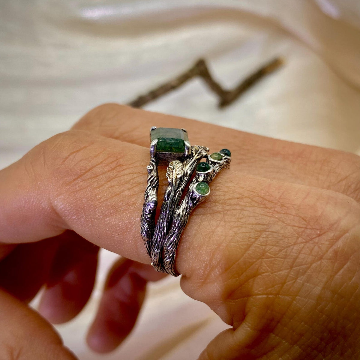 Moss Agate Sterling Silver Oak Leaf Ring