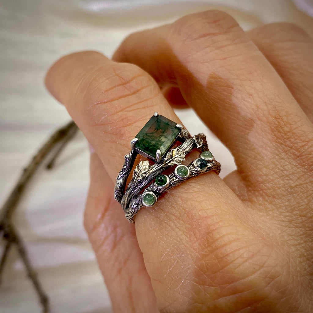 Moss Agate Sterling Silver Oak Leaf Ring