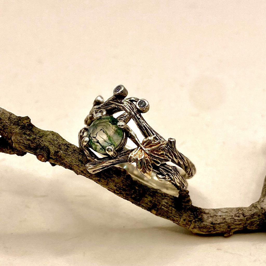 Moss Agate Sterling Silver Twig Ring Set