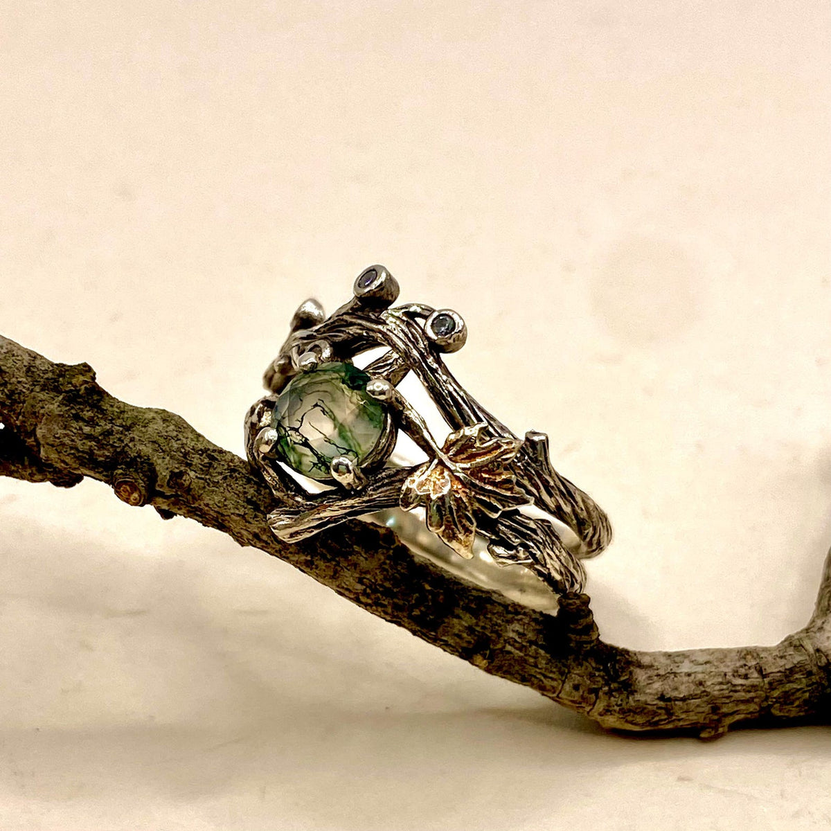 Moss Agate Sterling Silver Twig Ring Set