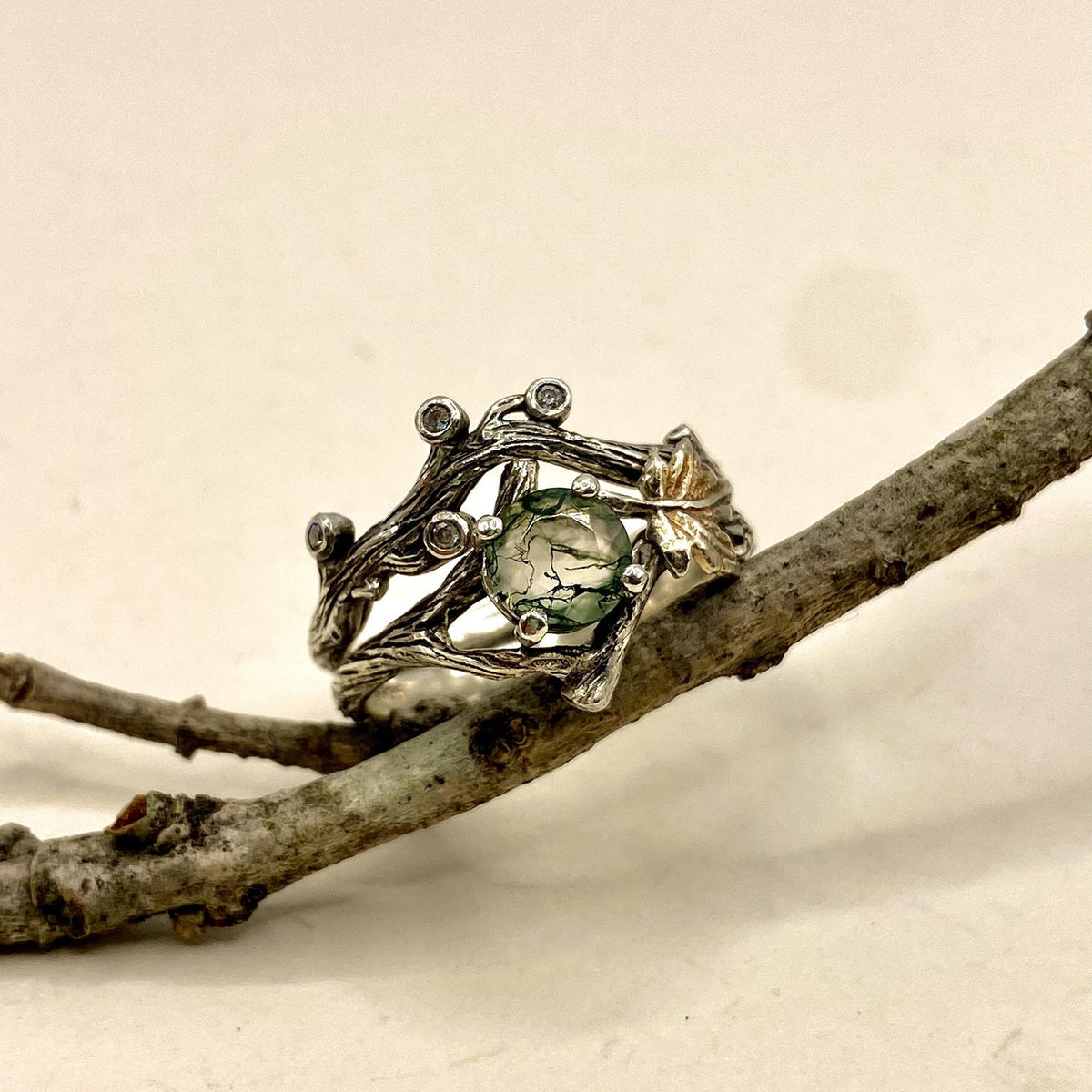 Moss Agate Sterling Silver Twig Ring Set