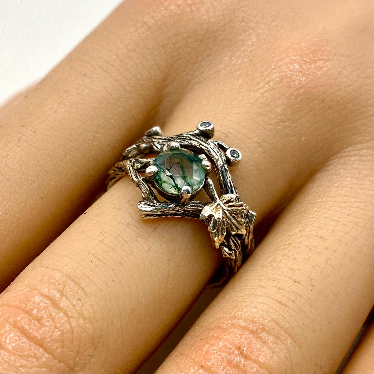 Moss Agate Sterling Silver Twig Ring Set