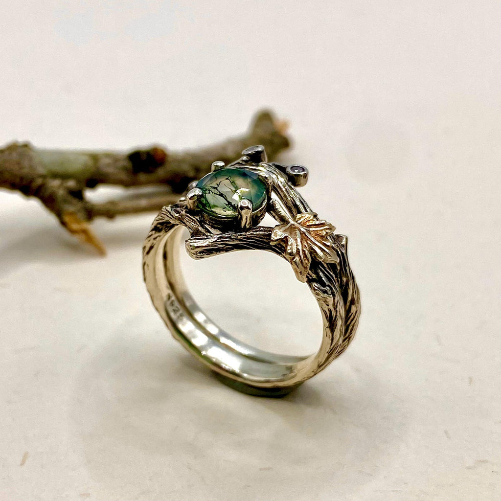 Moss Agate Sterling Silver Twig Ring Set
