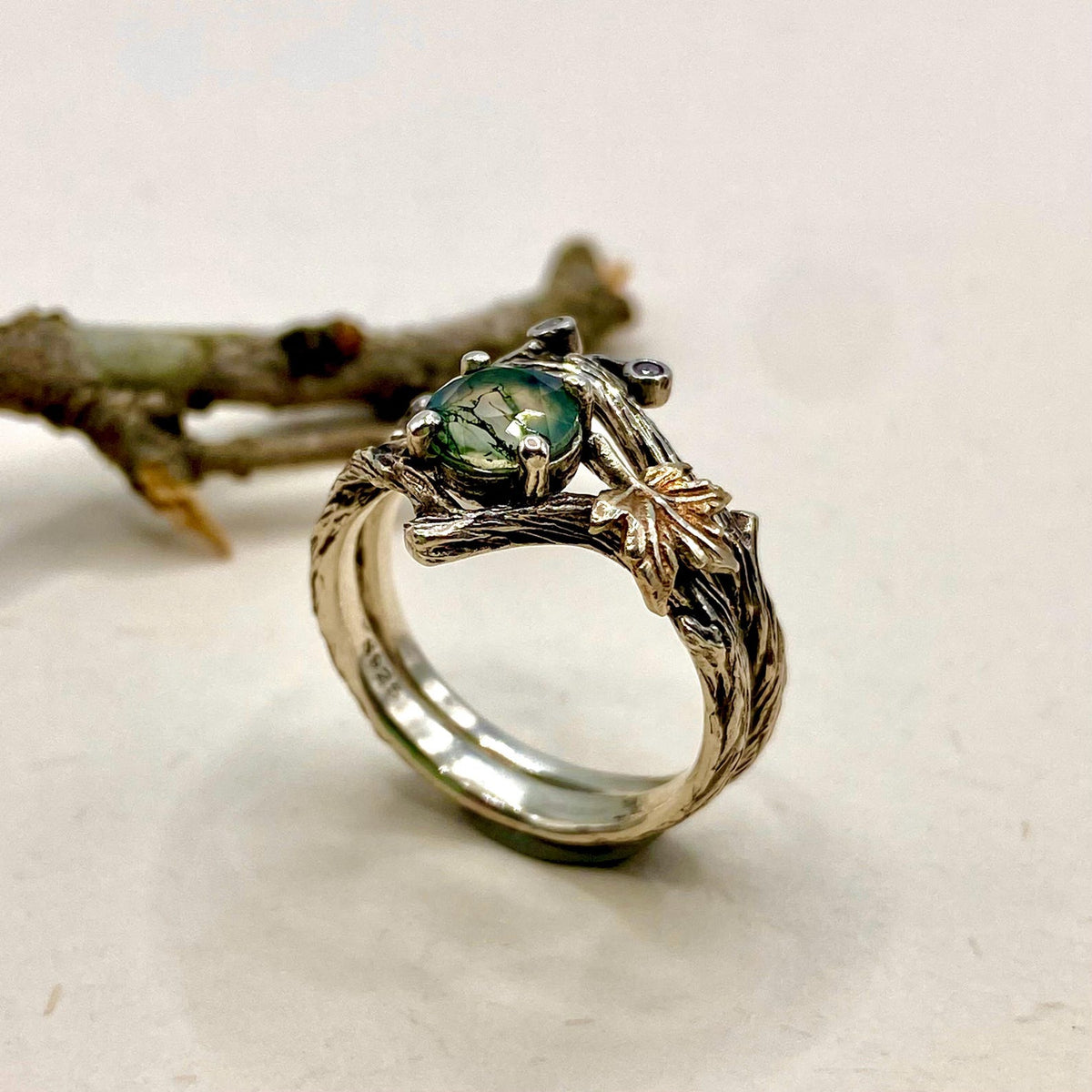 Moss Agate Sterling Silver Twig Ring Set