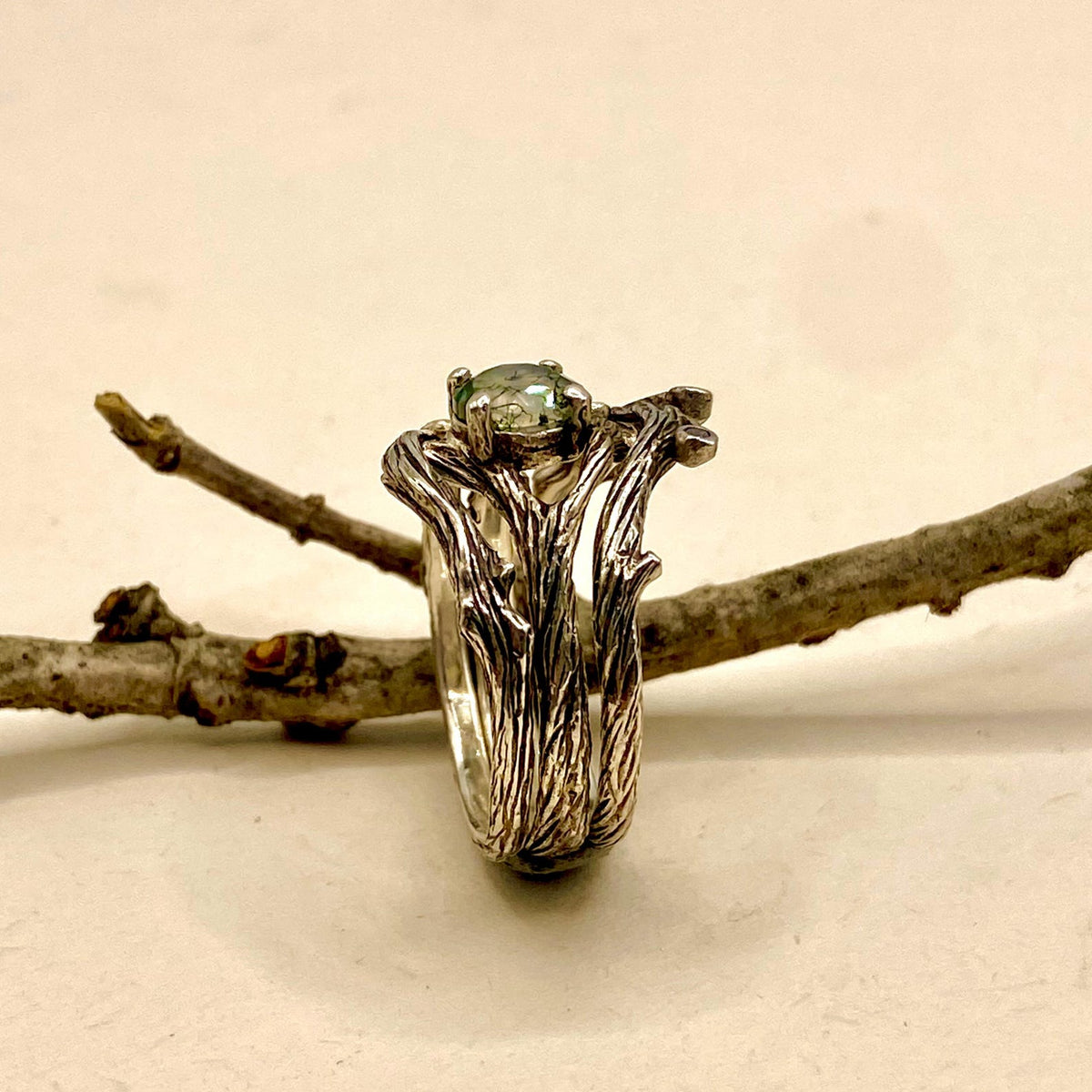 Moss Agate Sterling Silver Maple Leaf Ring Set