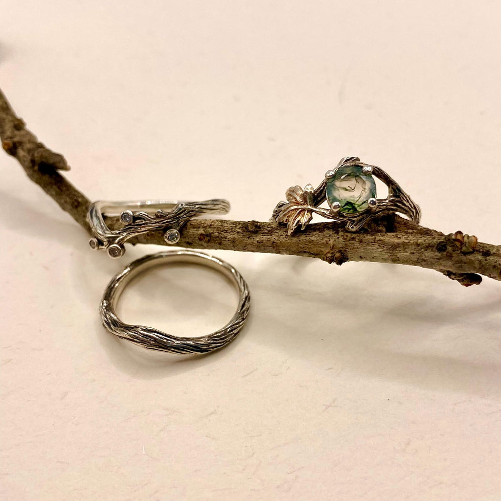 Moss Agate Sterling Silver Maple Leaf Ring Set