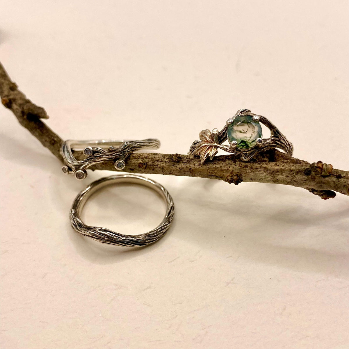 Moss Agate Sterling Silver Maple Leaf Ring Set