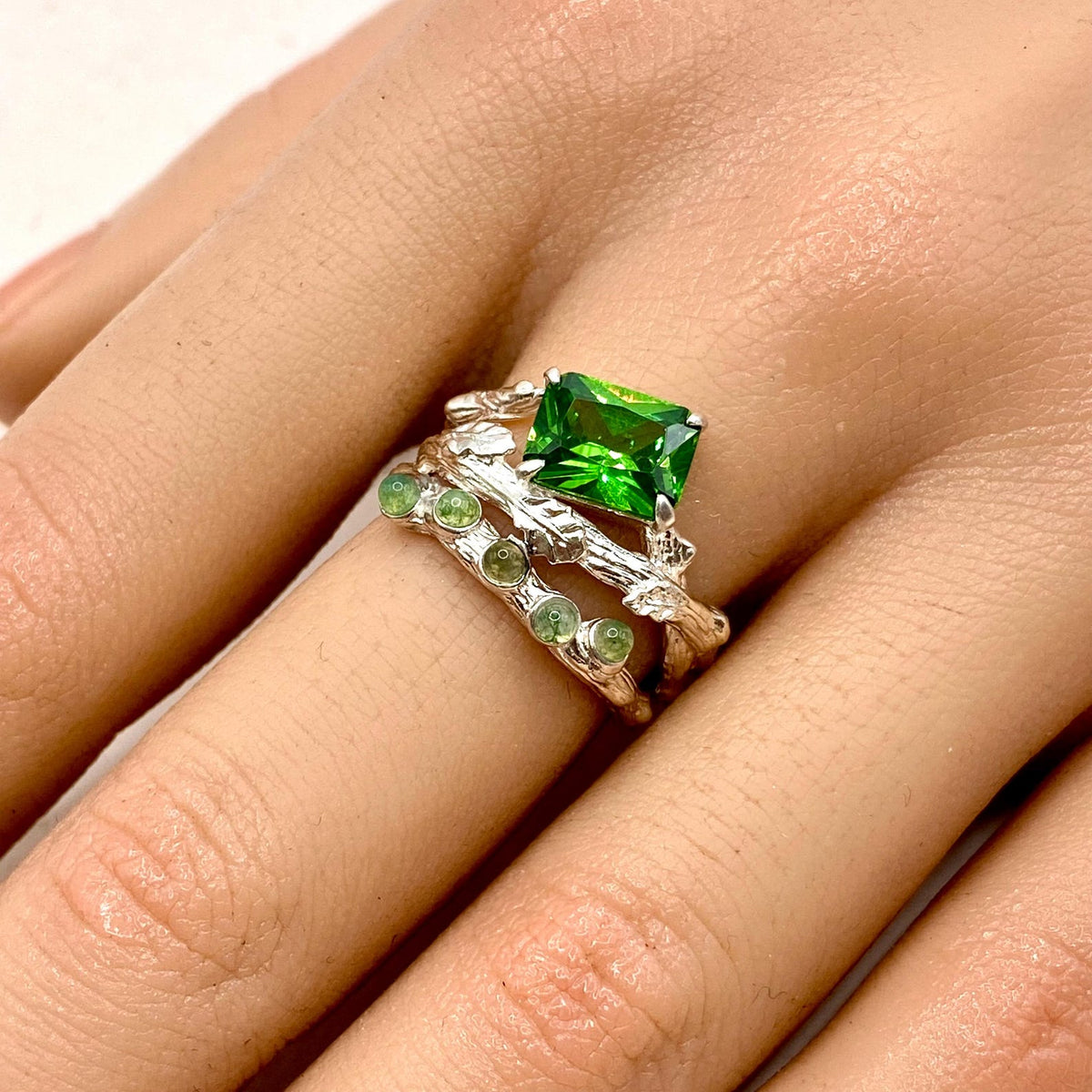 Moss Agate Sterling Silver Oak Leaf Ring