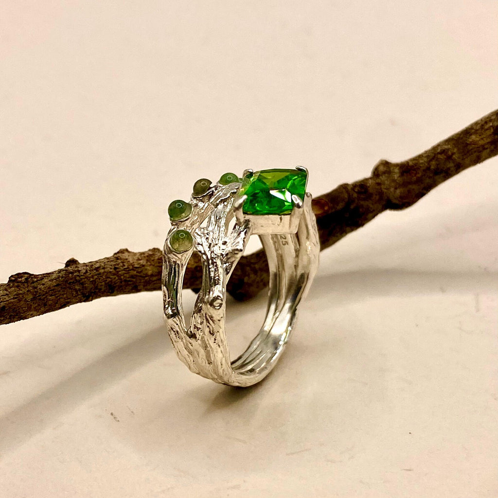 Moss Agate Sterling Silver Oak Leaf Ring