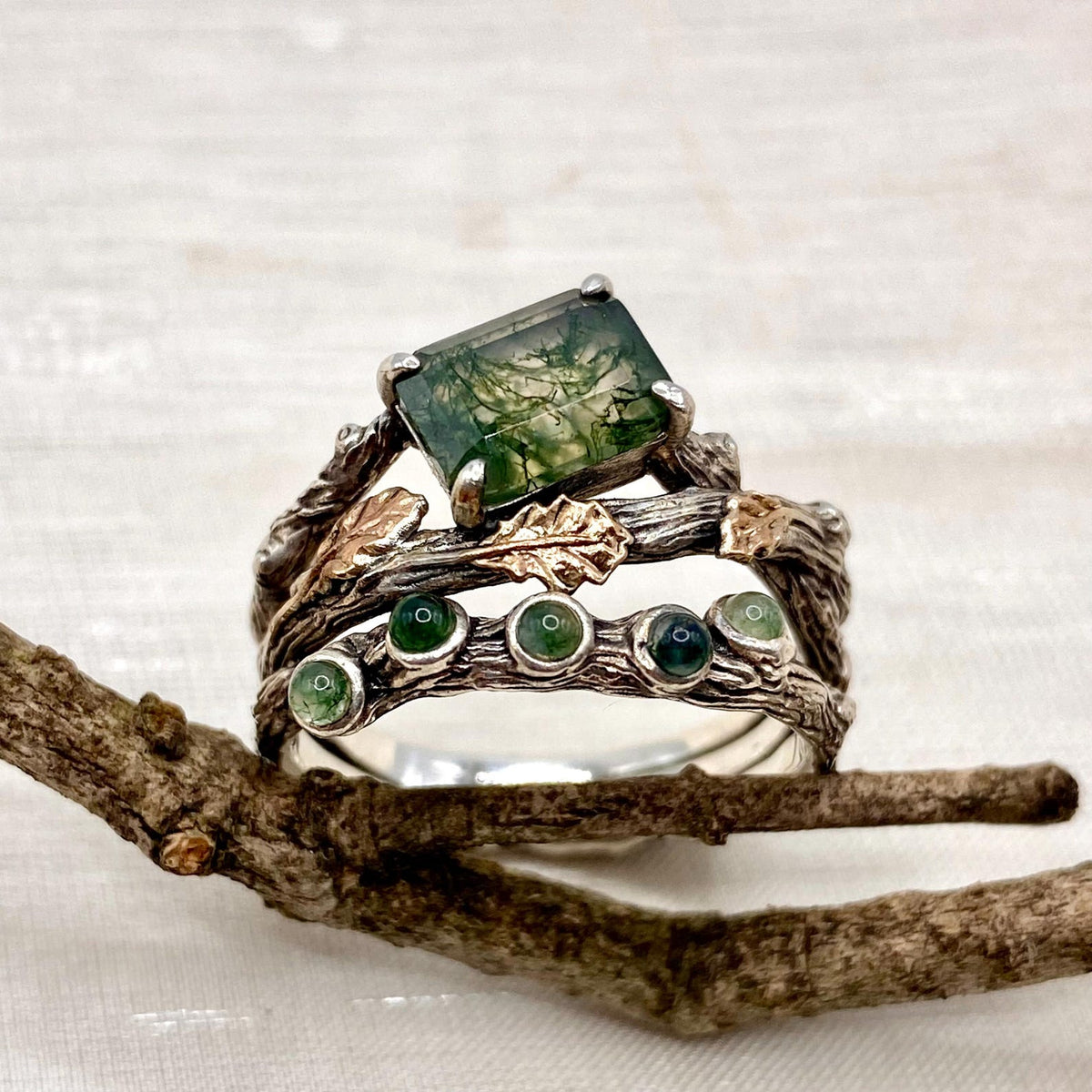 Moss Agate Sterling Silver Oak Leaf Ring