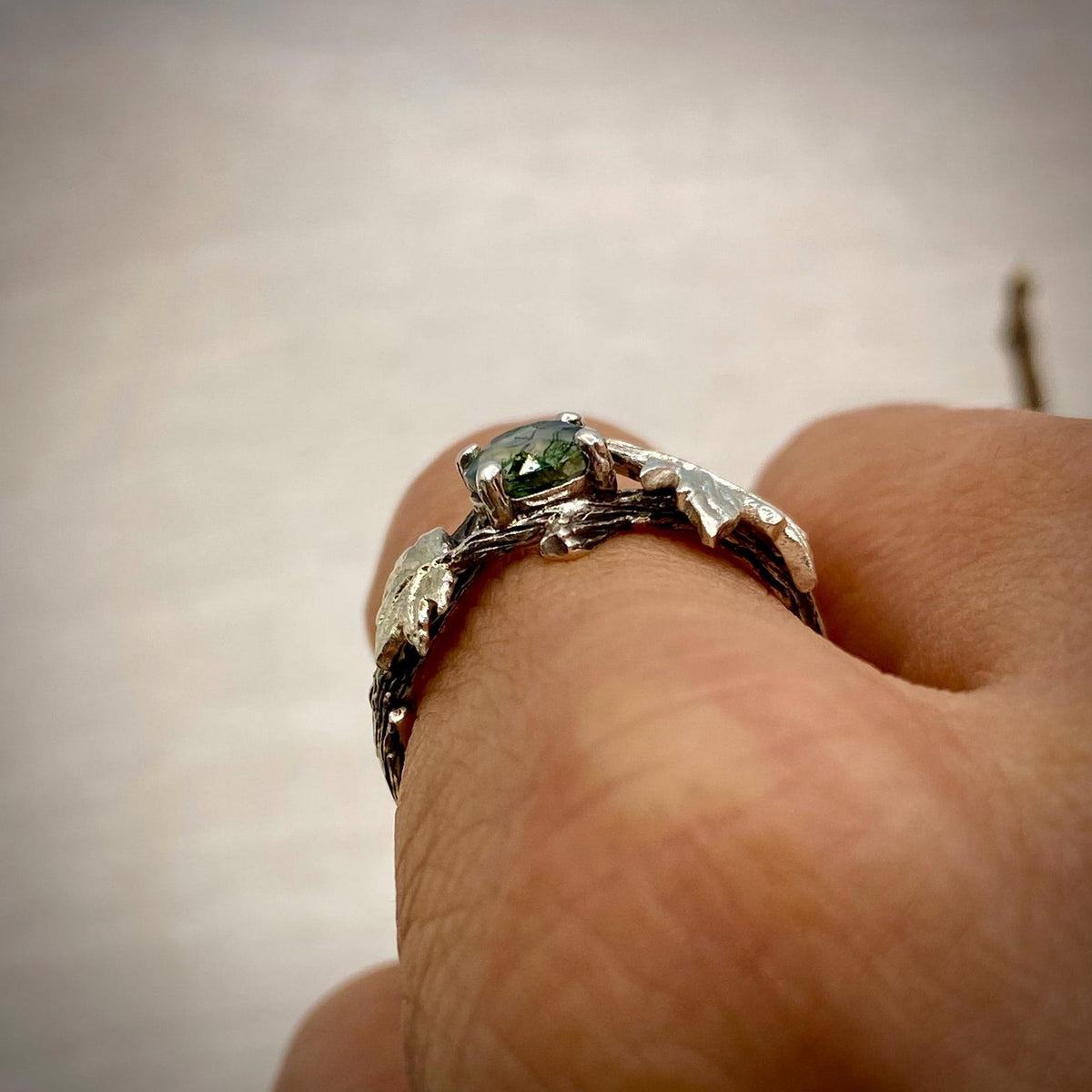 Moss Agate Sterling Silver Maple Leaf Ring