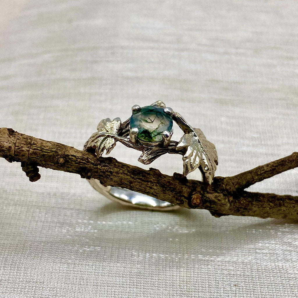 Moss Agate Sterling Silver Maple Leaf Ring