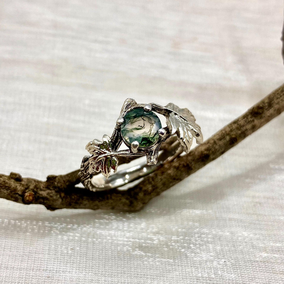 Moss Agate Sterling Silver Maple Leaf Ring