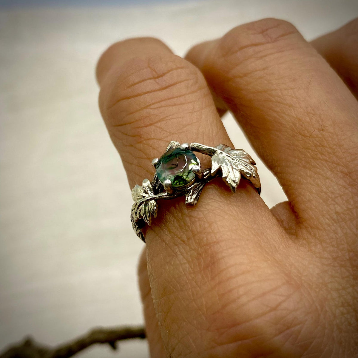 Moss Agate Sterling Silver Maple Leaf Ring