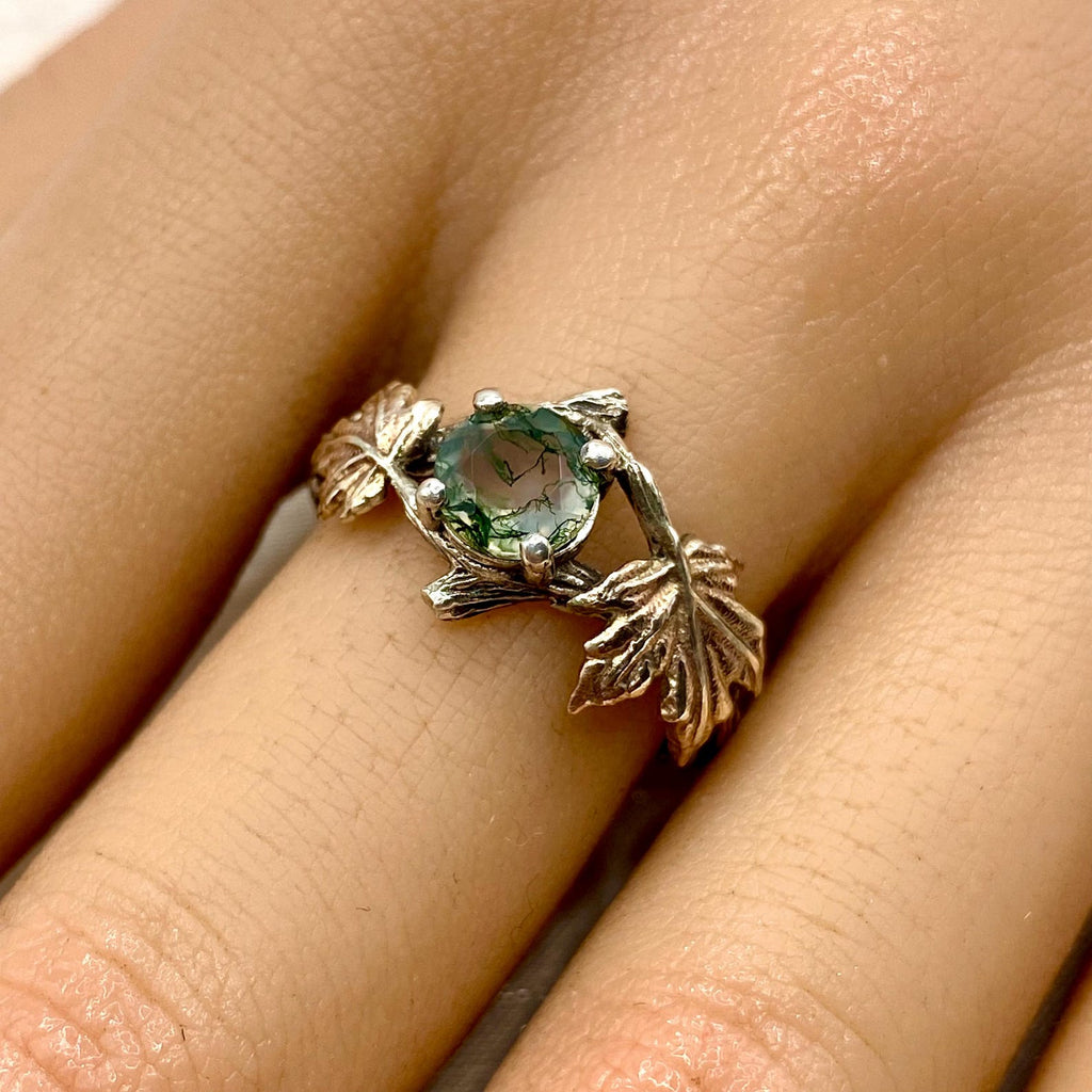 Moss Agate Sterling Silver Maple Leaf Ring