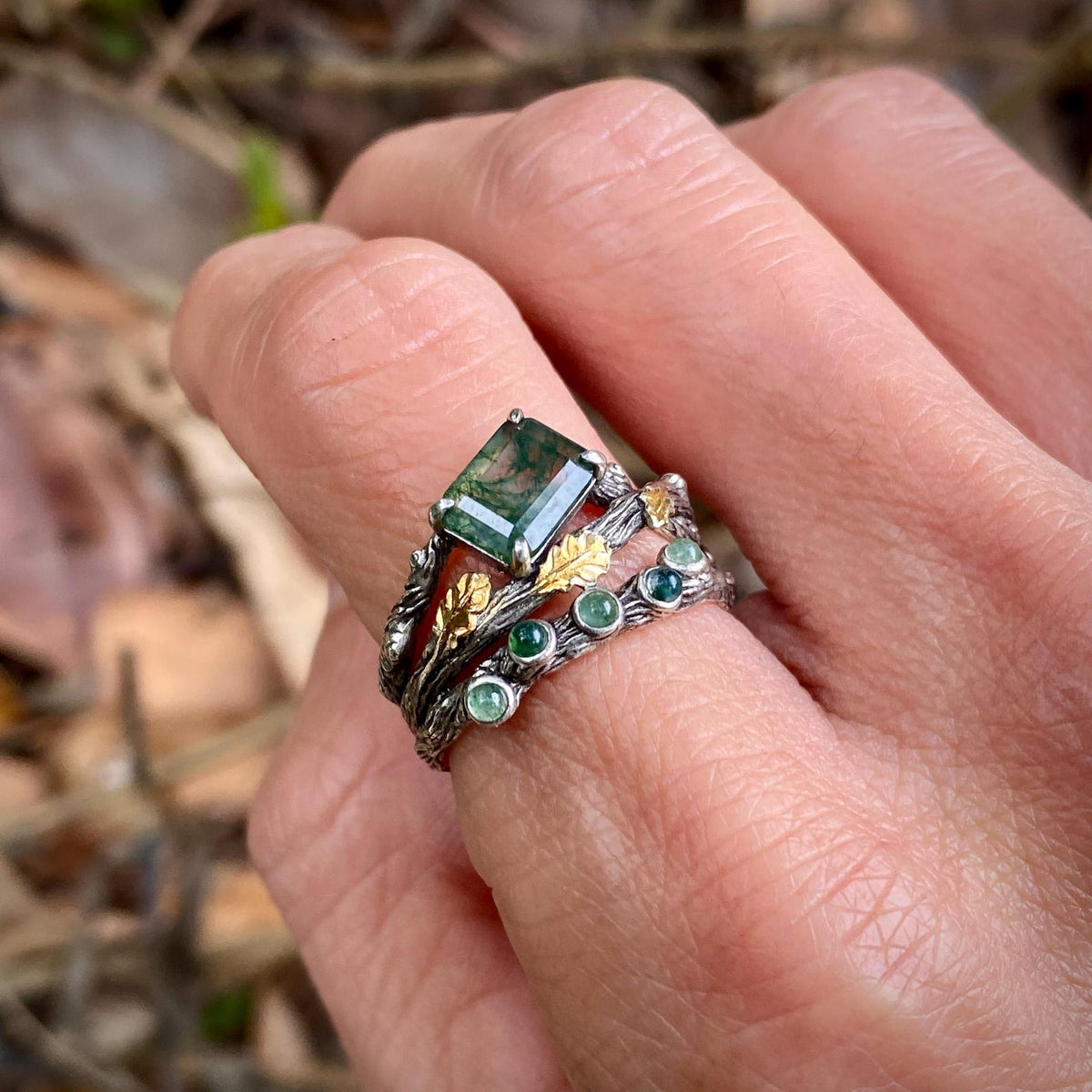 Moss Agate Sterling Silver Oak Leaf Ring
