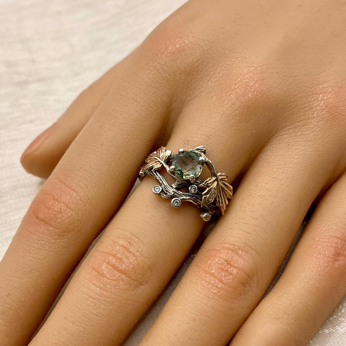 Moss Agate Sterling Silver Maple Leaf Ring