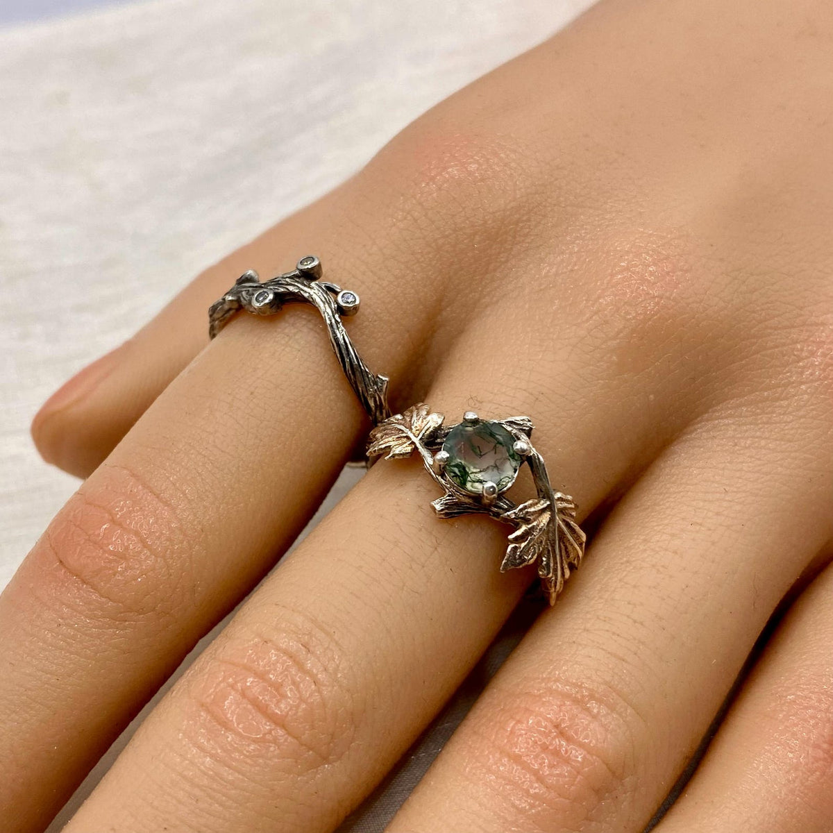 Moss Agate Sterling Silver Maple Leaf Ring
