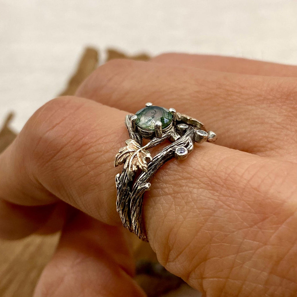 Moss Agate Sterling Silver Maple Leaf Ring