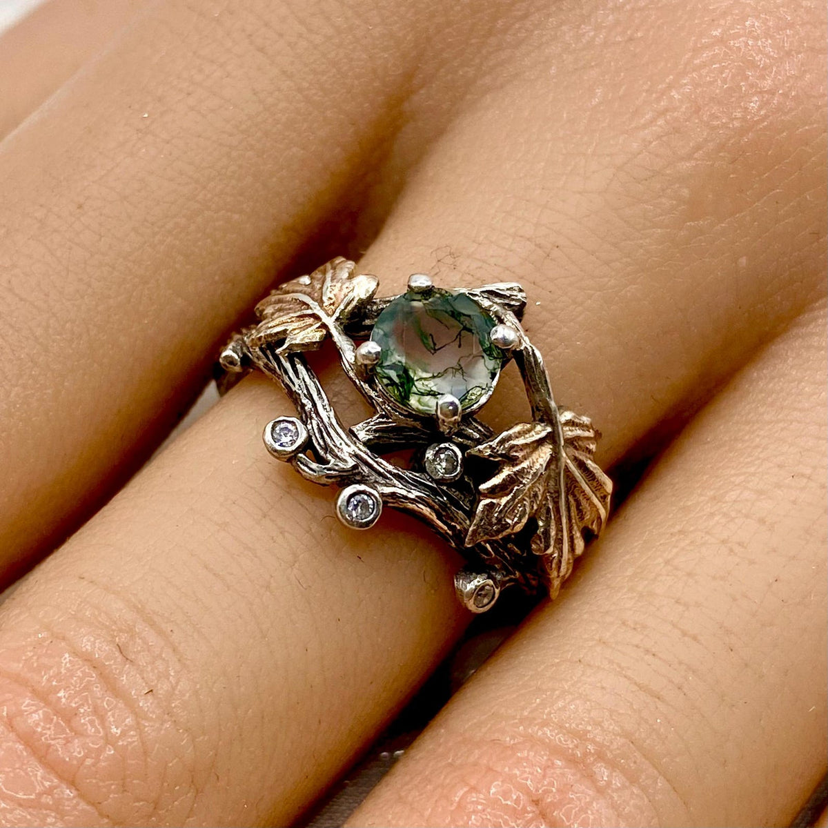 Moss Agate Sterling Silver Maple Leaf Ring