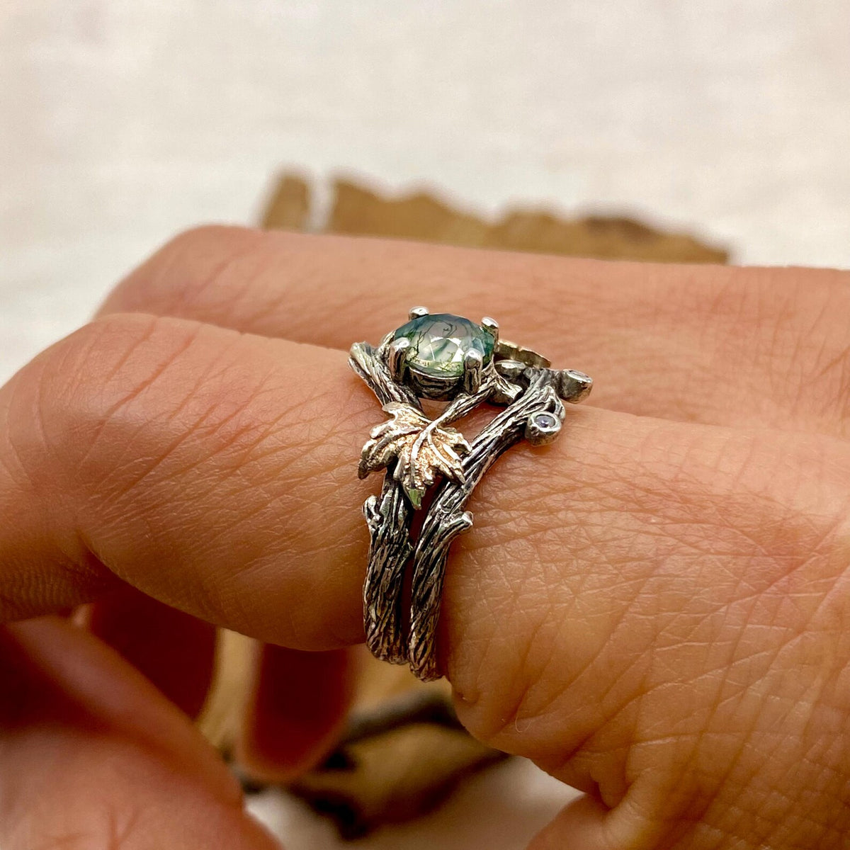 Moss Agate Sterling Silver Maple Leaf Ring