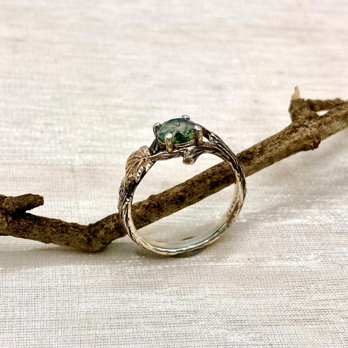 Moss Agate Sterling Silver Maple Leaf Ring