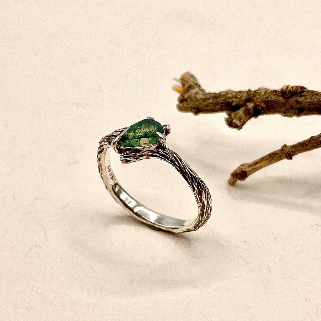 Moss Agate Sterling Silver Twig Ring